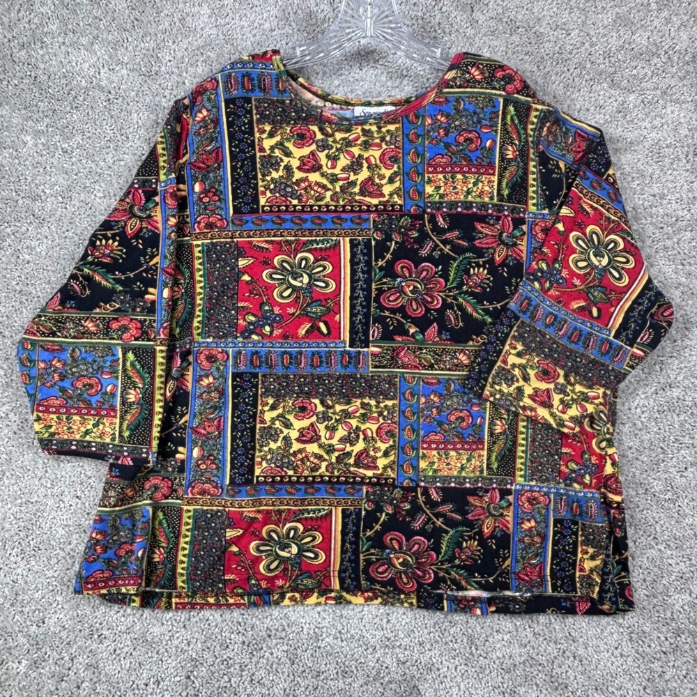 Serengeti Womens 2X Floral Patchwork Cotton 3/4 Sleeve Knit Top Multicolor Boho